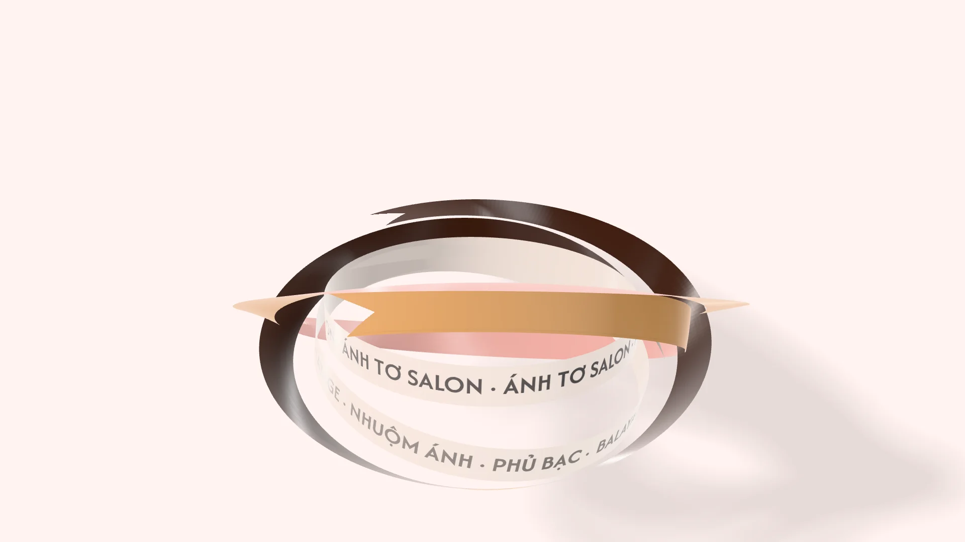 Vòng chữ Ánh Tơ Salon và dòng Balayage · Nhuộm ánh · Phủ bạc chạy quanh hai dải lụa nâu đen, mật ong và hồng nude trên phông trắng hồng