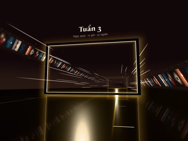 Đường hầm cuộn phim dừng ở cổng Tuần 3 · Ngày quay: khung viền kem sáng giữa hầm, ánh sáng hắt thành vệt trên sàn gương, vệt tốc độ kéo dài hai bên thành