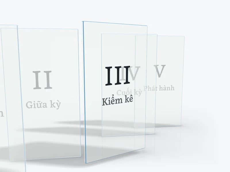 Phiến kính thứ ba in số III tách khỏi hàng năm phiến, viền sáng xanh trời đậm nhất — giai đoạn chứng kiến kiểm kê ngày 31/12