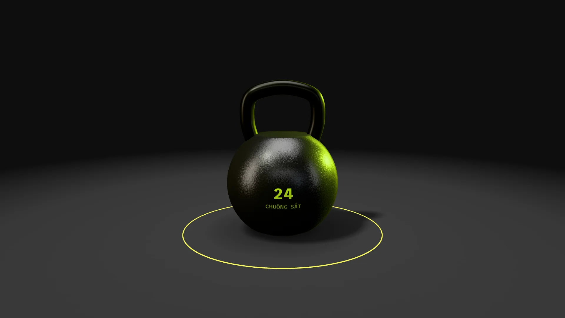 Quả kettlebell gang đen nhám in số 24 đặt trên sàn cao su, viền sáng xanh chanh chạy dọc quai trên nền đen