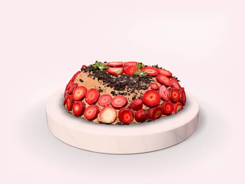 Bánh Dâu Tầng cỡ 18 cm trên bệ cẩm thạch trắng, lát dâu tây xếp kín thành bánh, mặt áo kem ca cao rắc vụn sô-cô-la và mấy quả dâu nguyên