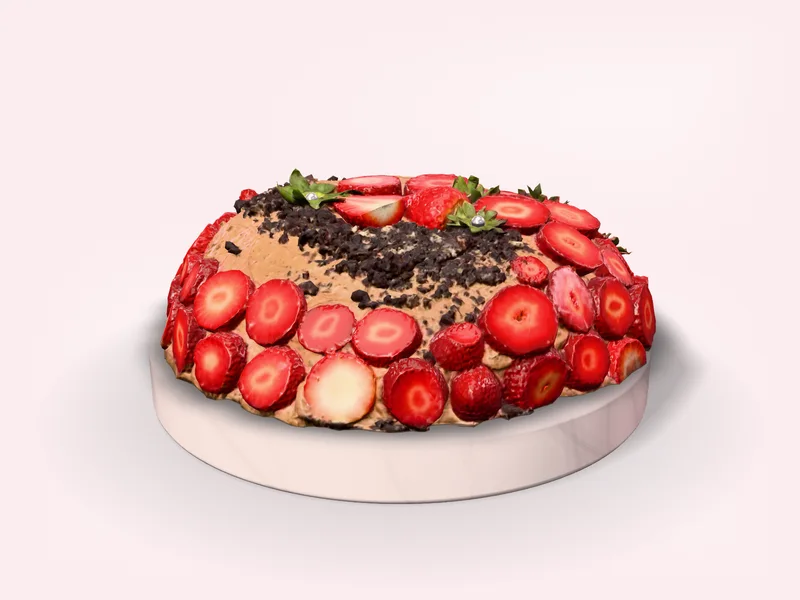 Tầng dưới 22 cm của bánh hai tầng, rộng gần kín mặt bệ cẩm thạch trắng, lát dâu tây phủ dày quanh thành, mặt rắc vụn sô-cô-la