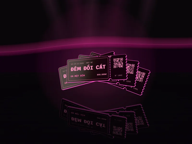 Bốn tấm vé acrylic xoè thành hình quạt trên nền đen, mỗi vé một dải hạng hồng neon: Ga một đêm, Ga hai đêm, Đỉnh, Lều đôi
