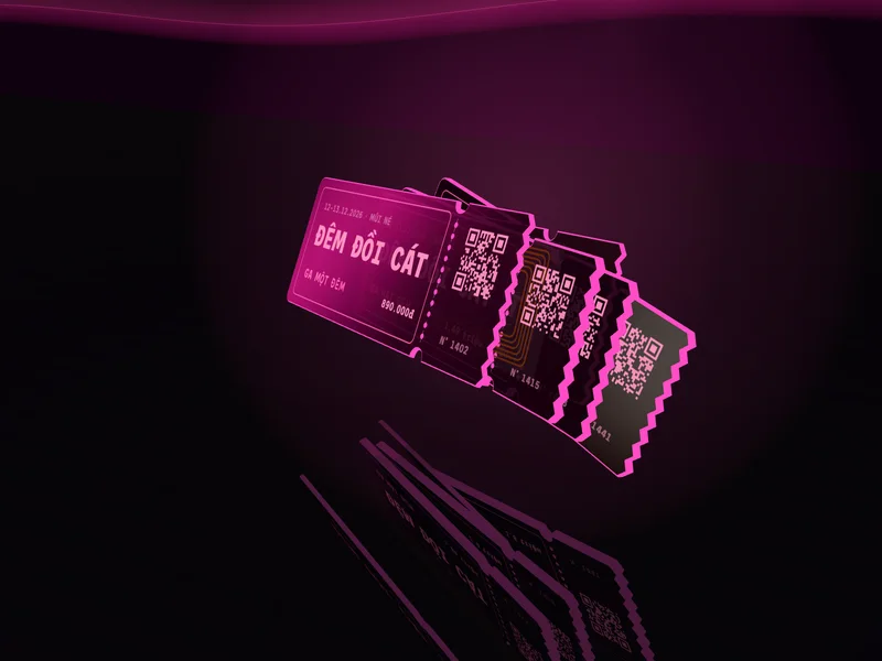 Tấm vé acrylic tách làm hai lớp, dải chip NFC phát sáng hồng nằm giữa, ba vé còn lại xoè nhẹ phía sau trên nền đen