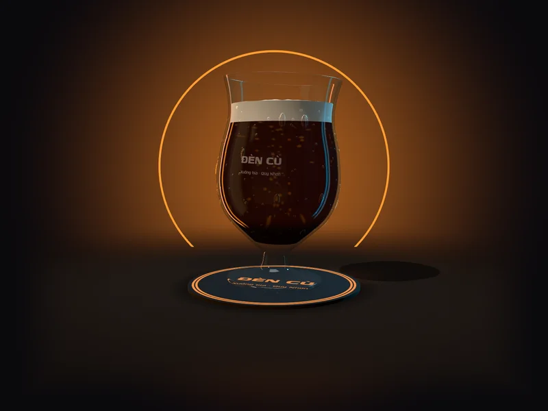 Cùng ly tulip rót Stout cà phê màu nâu đen dưới lớp bọt kem, đế lót in chữ Đèn Cù, vòng neon cam phía sau