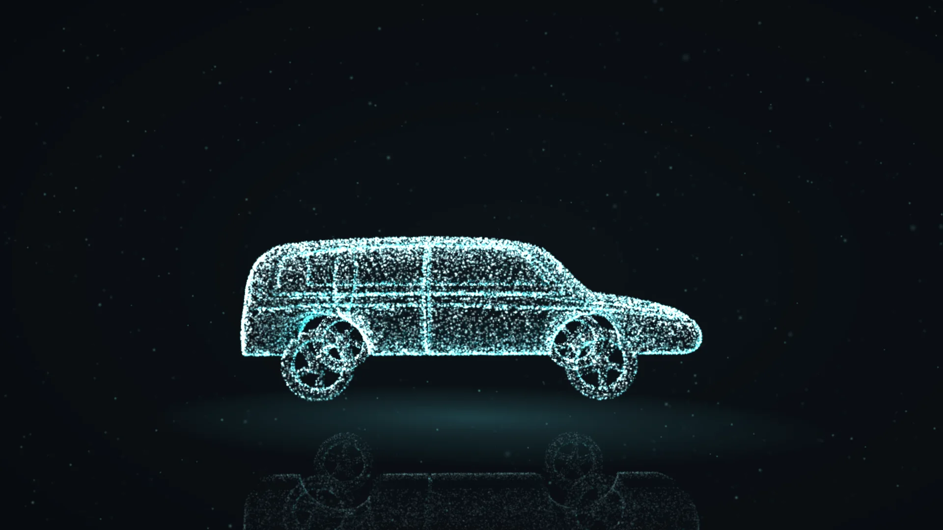 Thân SUV điện dựng bằng hạt sáng xanh băng trên nền đen, nóc cao và dải đèn định vị chạy ngang đầu xe