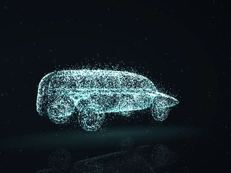 Thân SUV điện dựng bằng hạt sáng xanh băng, nhìn chếch từ phía sau bên trái, hạt bắt đầu tan khỏi mui và đầu xe