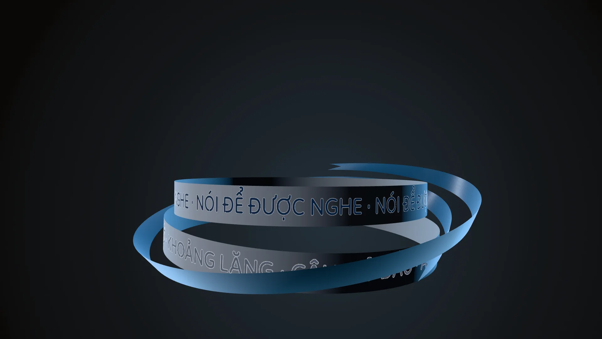 Dải giấy trắng in chữ xanh than NÓI ĐỂ ĐƯỢC NGHE cong qua nửa dưới khung trên nền đen than, đèn xanh băng hắt viền, dải lụa xanh băng mảnh bay nghiêng quanh băng