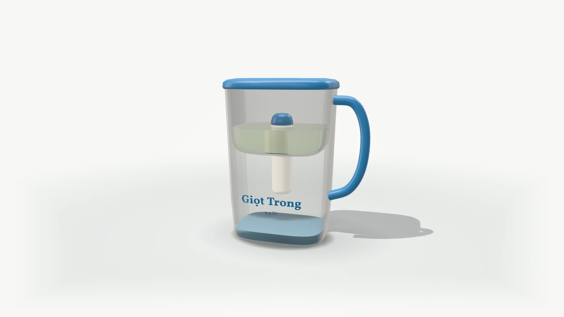 Bình lọc nước trong suốt trên mặt bàn trắng xám, phễu trên còn nước, lõi lọc xám than ở giữa, nước xanh nhạt trong ngăn dưới