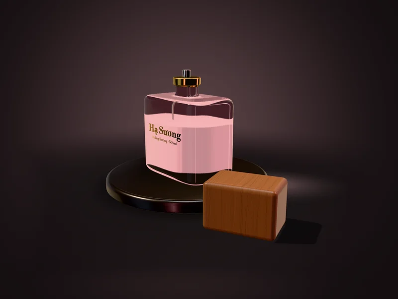 Chai Hồng Sương 50 ml đã nhấc nắp gỗ thông đặt xuống bệ, khối kính dày ánh hồng dưới đèn viền hồng phấn trên nền tối