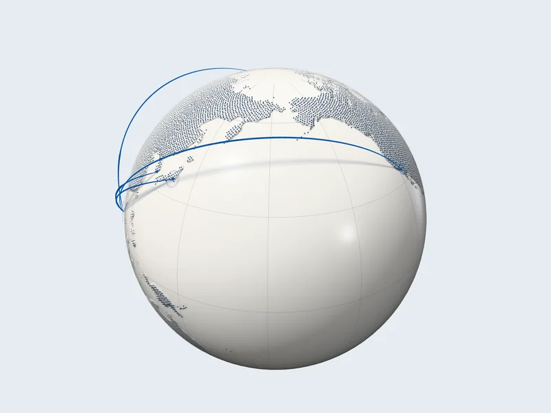 Địa cầu gốm trắng nhìn từ nam Thái Bình Dương lên: Alaska và bờ tây Bắc Mỹ phía trên, cung xanh biển đậm từ Cát Lái vắt ngang giữa khung, vượt Thái Bình Dương tới chốt Los Angeles
