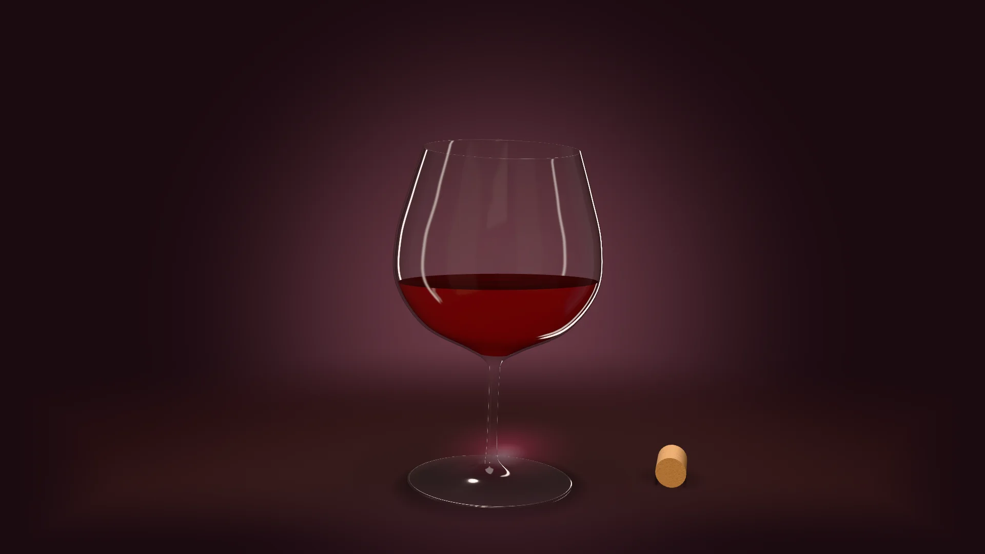 Ly vang Bordeaux chân cao rót Chianti Classico đỏ ruby tới chỗ bầu ly rộng nhất, đèn viền ngà dọc thành ly, quầng đỏ in trên mặt đá sẫm ngay sau chân ly, nút bần bên cạnh