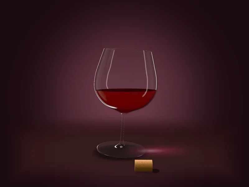 Ly vang Chianti Classico nhìn ngang tầm bầu ly từ bên phải, đèn viền ngà lướt dọc thành kính, vang đỏ ruby in quầng đỏ lên mặt đá sẫm sau chân ly, nút bần phía trước