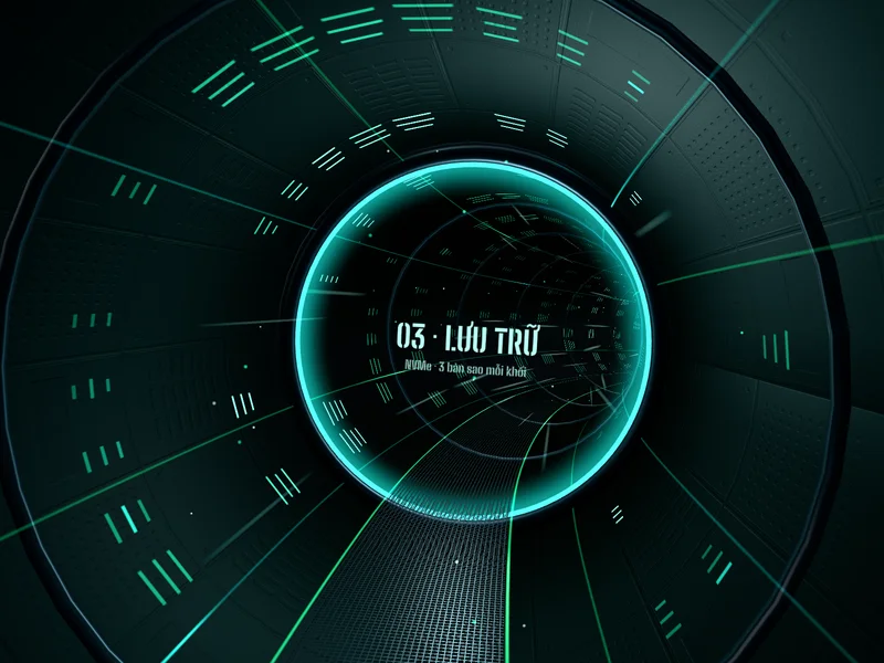 Cổng 03 · Lưu trữ trong đường hầm dữ liệu: vành cổng sáng xanh ngọc, dòng chữ NVMe · 3 bản sao mỗi khối giữa ống, xung dữ liệu chạy chậm dọc vách