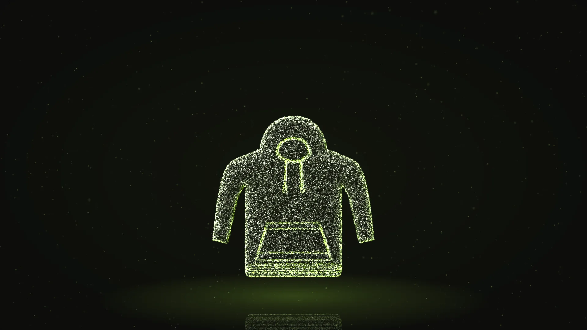 Chiếc hoodie Mưa Rào dựng bằng hạt sáng ngà nhìn thẳng mặt trước, đường may, dây rút và túi bụng phát sáng xanh chanh trên nền đen