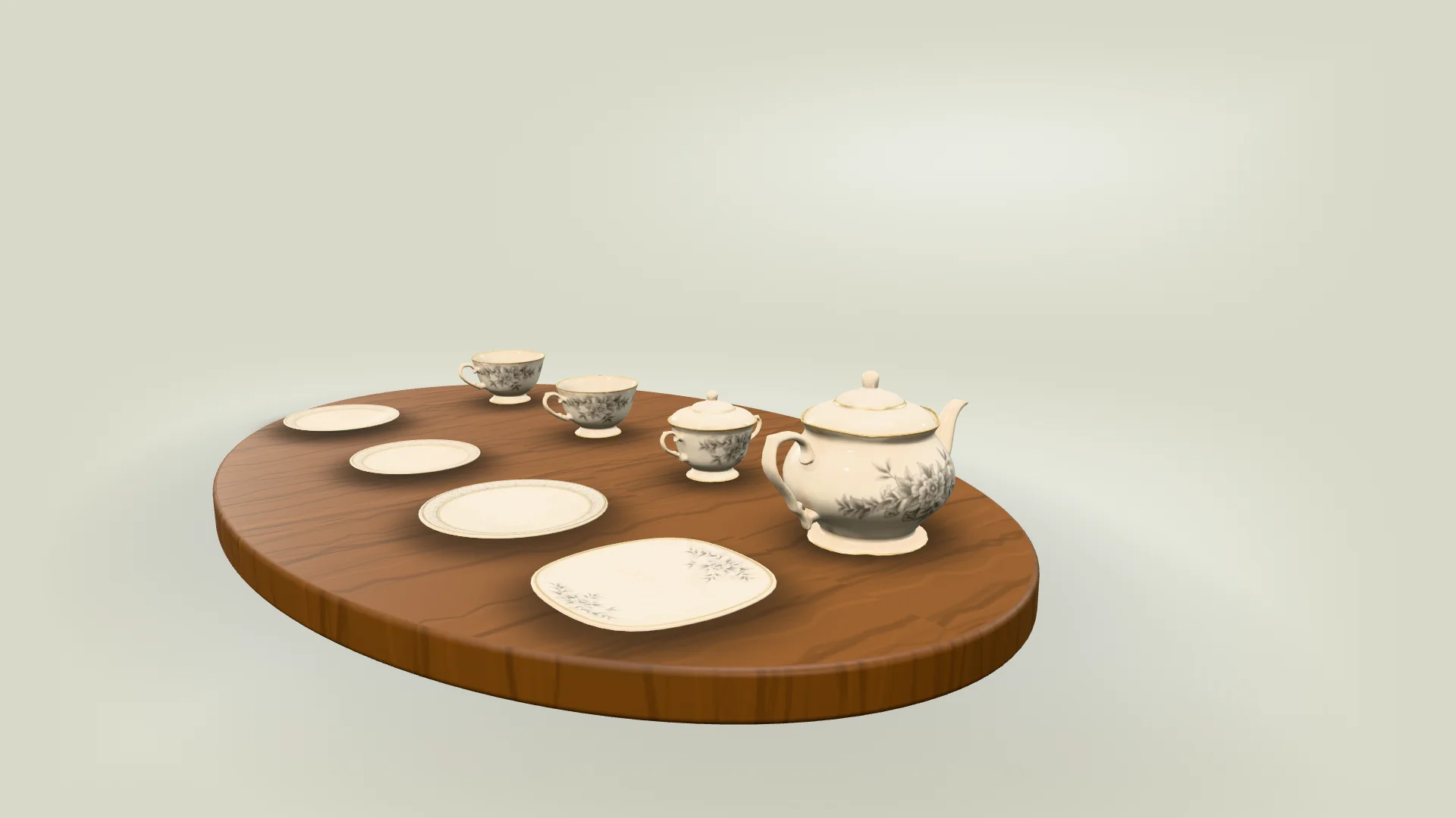 Bộ ấm chén sứ ngà vẽ hoa lam xám trên khay gỗ oval: ấm đứng trước, chén và đĩa bánh lùi sau, nắng chiều xiên, phông xanh rêu xám