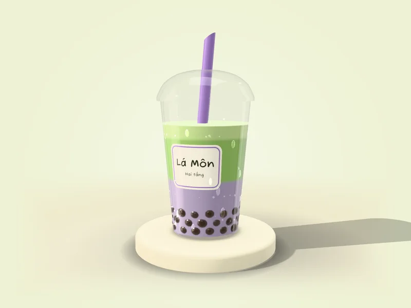 Ly hai tầng Lá Môn: lớp môn tím nhạt ở dưới, lớp matcha xanh cốm ở trên, trân châu đường đen, ống hút tím