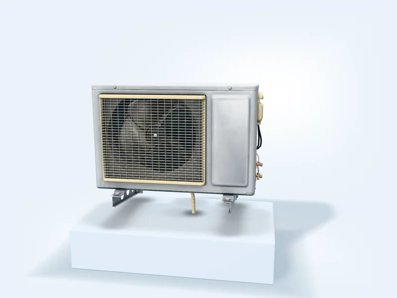Dàn nóng 18.000 BTU cỡ lớn vỏ trắng ngà, lưới quạt tròn xám, đứng trên bệ vuông giữa phông xanh trời nhạt