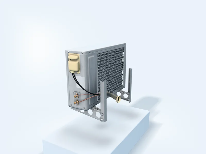 Dàn nóng nhấc lên khỏi giá đỡ, nhìn từ bên hông thấy cụm van nạp gas và hai đầu ống đồng nối mối loe