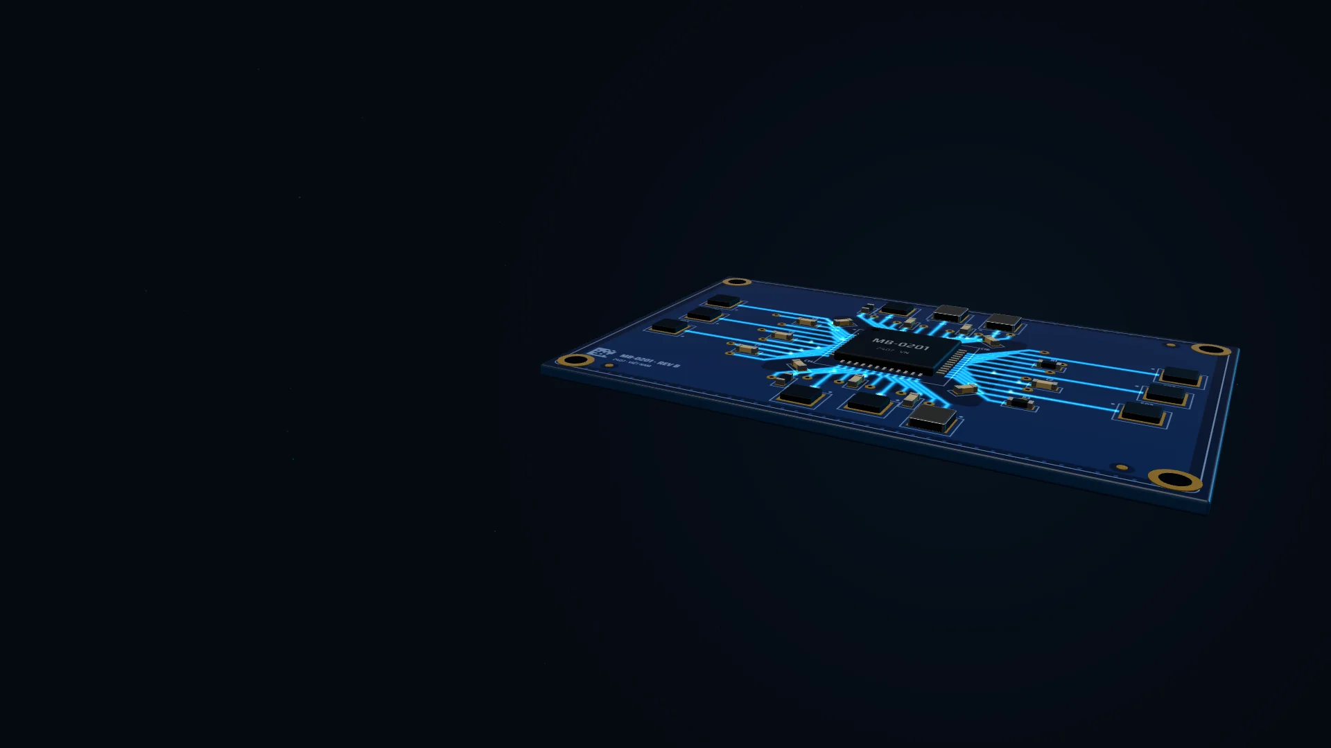 Bo mạch xanh đêm nhìn nghiêng thấp trên nền đen, đường mạch sáng xanh biển toả ra từ chip MB-0201, xung sáng chạy dọc mạch
