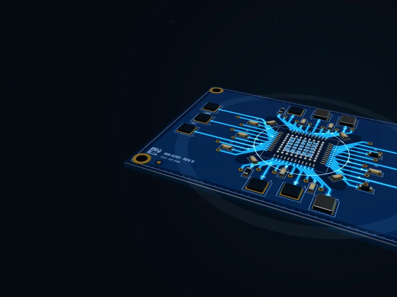 Chip BGA ở tâm bo mạch được khoanh sáng xanh biển, đường mạch phát sáng quanh chip như ảnh soi X-quang