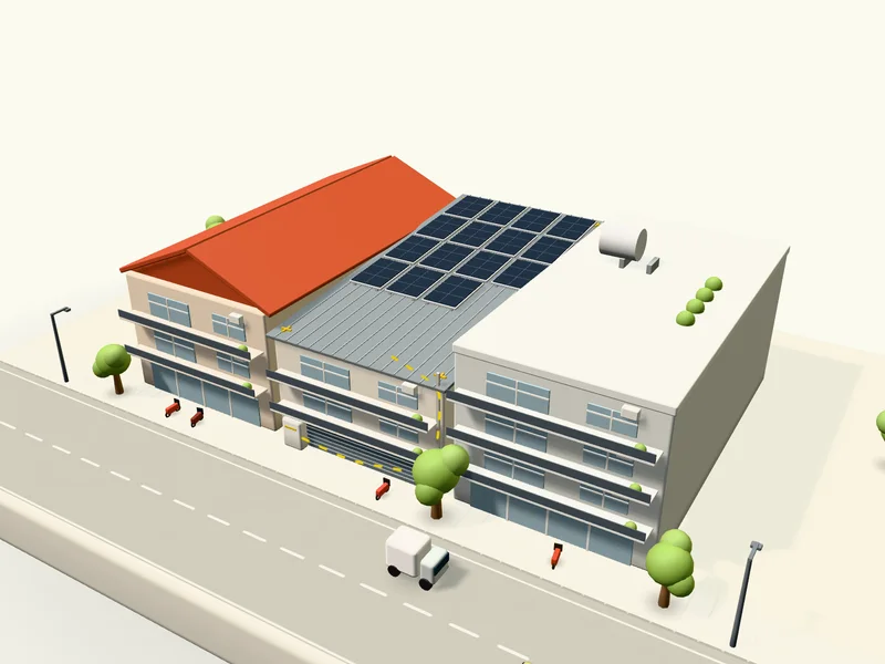 Sa bàn dãy ba nhà phố với gói 8 kWp: mười lăm tấm pin xanh đen phủ kín mái tôn nhà giữa