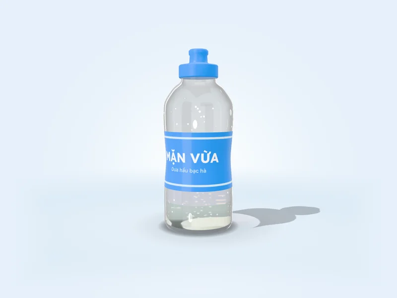 Chai tritan 750 ml nhãn MẶN VỪA với nước vị dưa hấu bạc hà — nước đỏ dưa hấu, viên sủi đã tan, trên phông trắng xanh