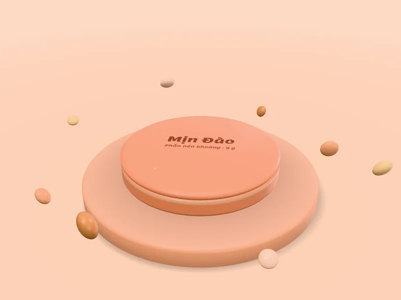 Hộp phấn Mịn Đào đóng nắp, tên thương hiệu in trên mặt nắp, đặt trên bệ tròn màu cam đất; các viên đất sét màu Ngà, Be Sáng, Be Đào, Mật Ong bay vòng quanh hộp