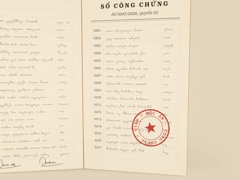 Phiến đá xám than mở ra như cuốn sổ lớn trên nền giấy be, hai trang giấy ghi sổ công chứng, con dấu đỏ son đóng ở trang phải