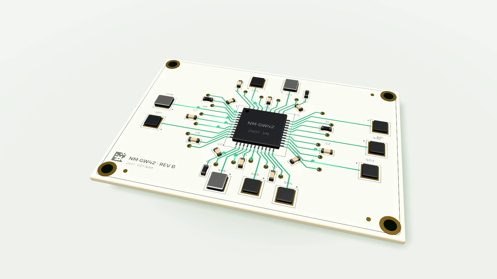 Bảng mạch trắng nhìn chéo từ trên xuống trên phông sáng, chip gateway khắc chữ NM-GW42 ở tâm, đường mạch xanh rêu toả ra các cảm biến