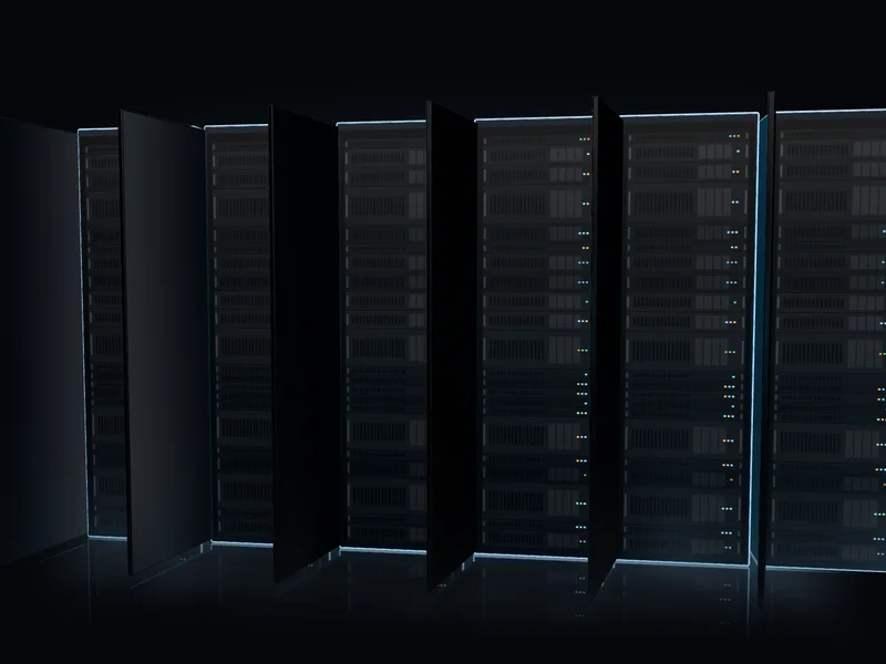 Dãy sáu tủ rack đen mở cửa, bên trong xếp máy chủ 1U đến 4U với đèn LED nhấp nháy, viền tủ phát sáng xanh băng trên sàn phản chiếu