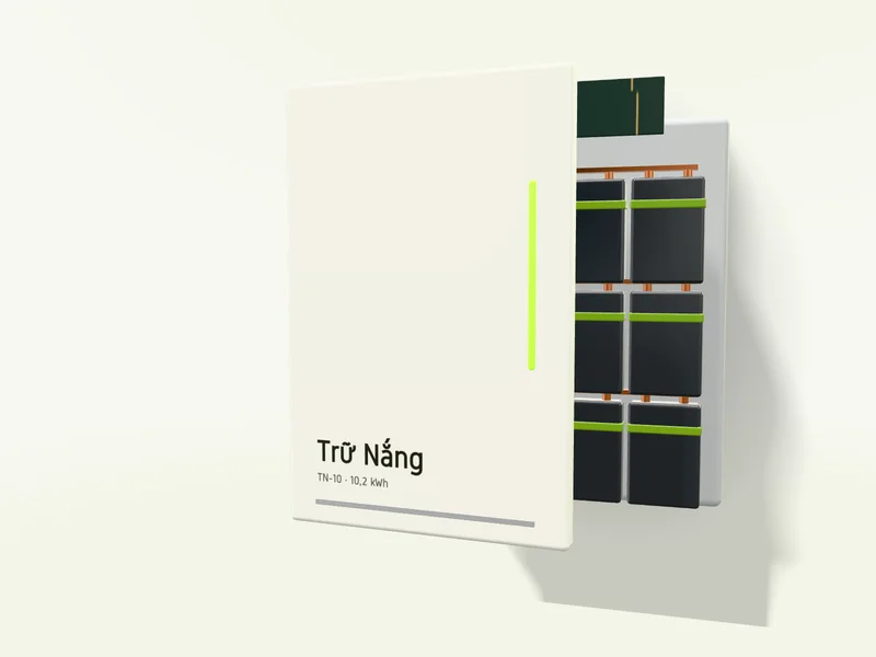 Khối pin Trữ Nắng tách vỏ, lộ các cell LFP xếp hàng, mạch quản lý và cầu chì bên trong trên phông trắng ngà