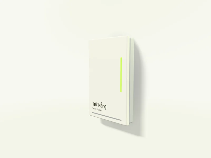 Khối pin Trữ Nắng TN-10 vỏ trắng satin nhìn chéo từ bên phải, thấy bề dày vỏ nhôm và dải đèn xanh cốm