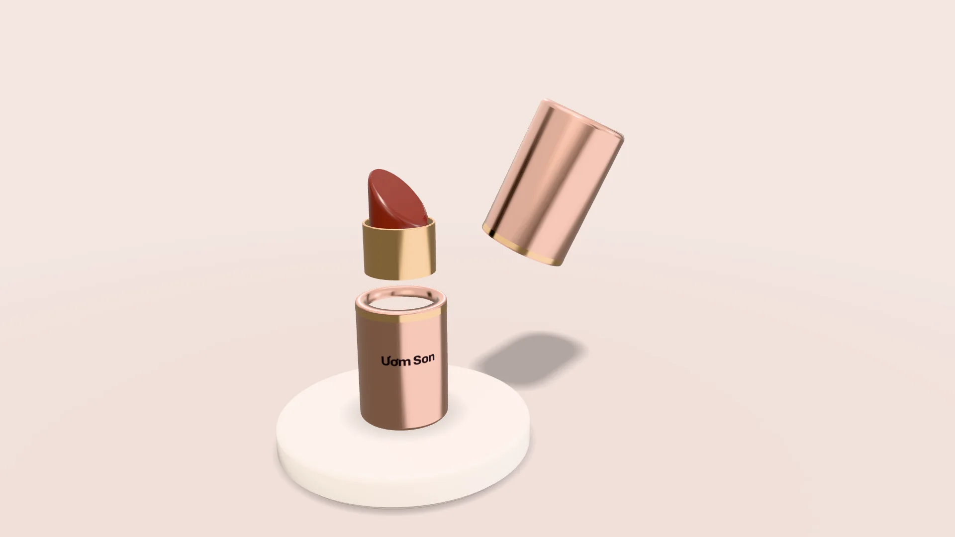 Thỏi son vỏ nhôm hồng nude, nắp nhấc sang bên để lộ lõi màu Đỏ Gạch, đặt trên bệ tròn trắng sữa